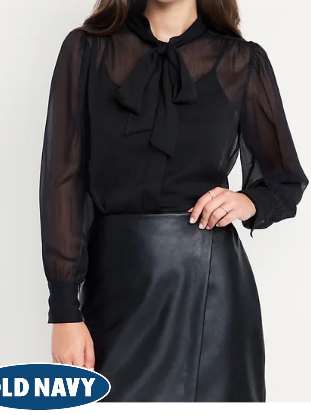 Old Navy Black Long-Sleeve Tie-Neck Chiffon Top Large NWT